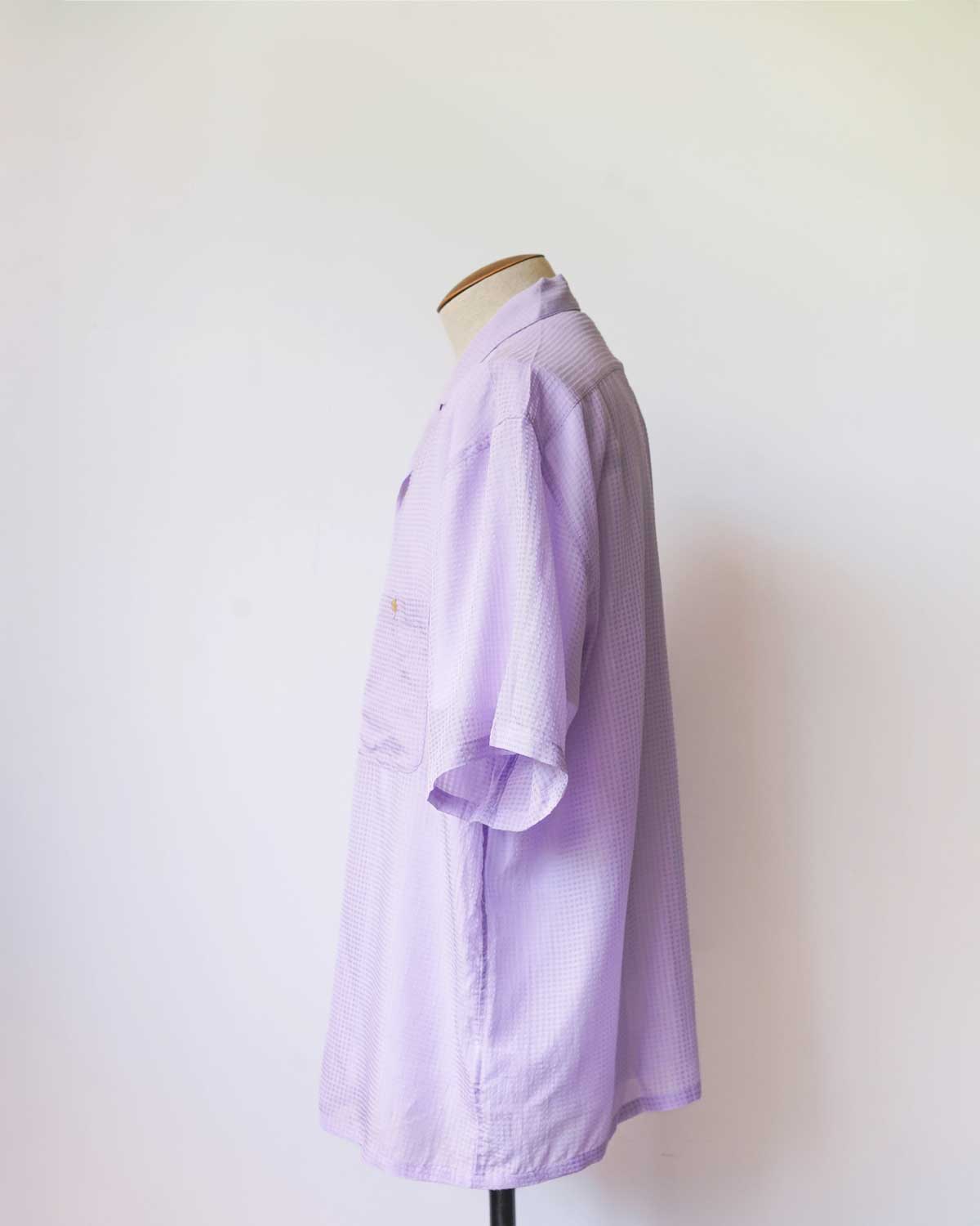 SHEER OPEN COLLAR SHIRTS S/S ‐Gingham Check Indian fabric‐ purple