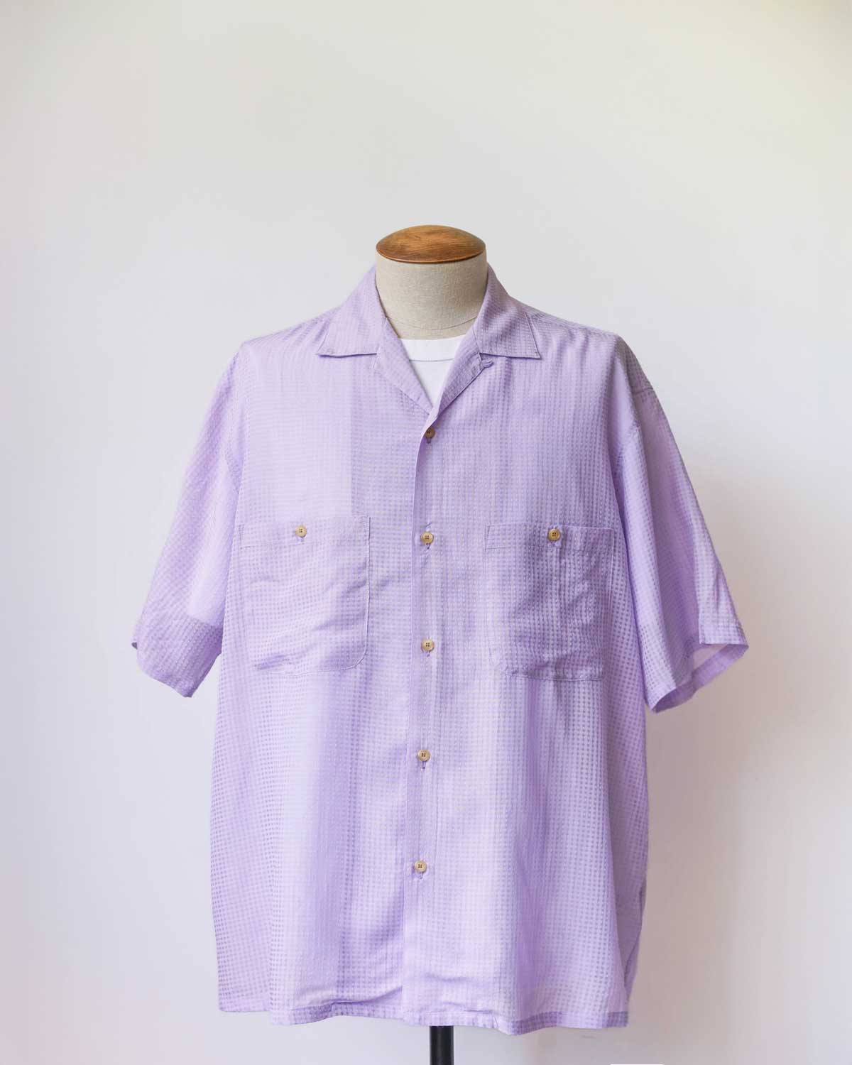 SHEER OPEN COLLAR SHIRTS S/S ‐Gingham Check Indian fabric‐ purple