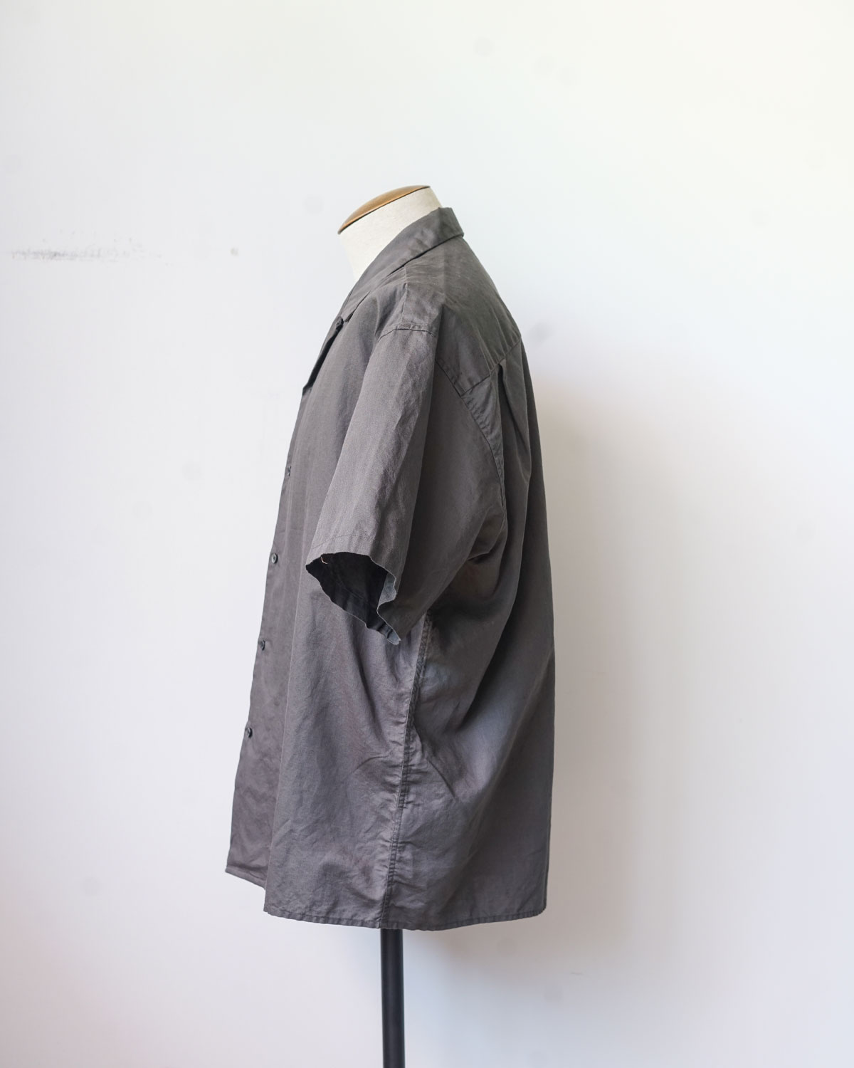 Open Collar Short Sleeve Shirt(Cotton Linen) - Charcoal Gray
