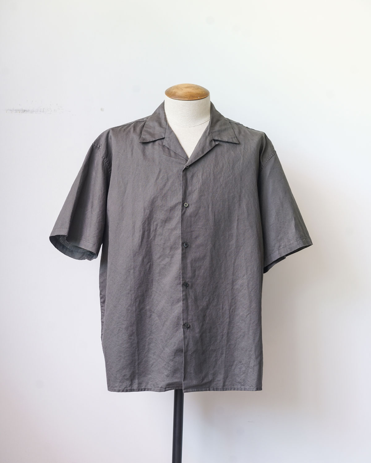 Open Collar Short Sleeve Shirt(Cotton Linen) - Charcoal Gray