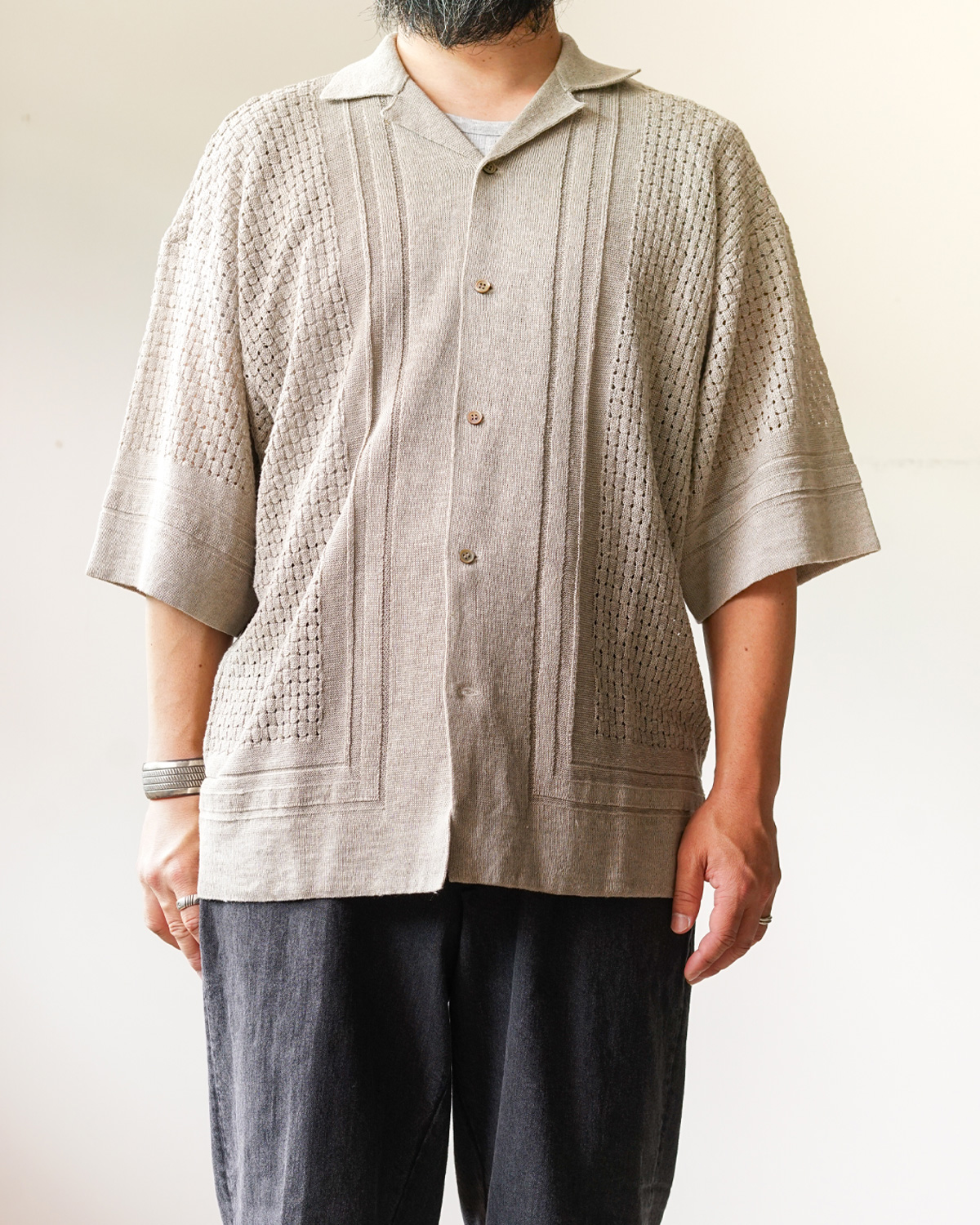 12G Links eyelet knit Open Collar Shirts [natural]