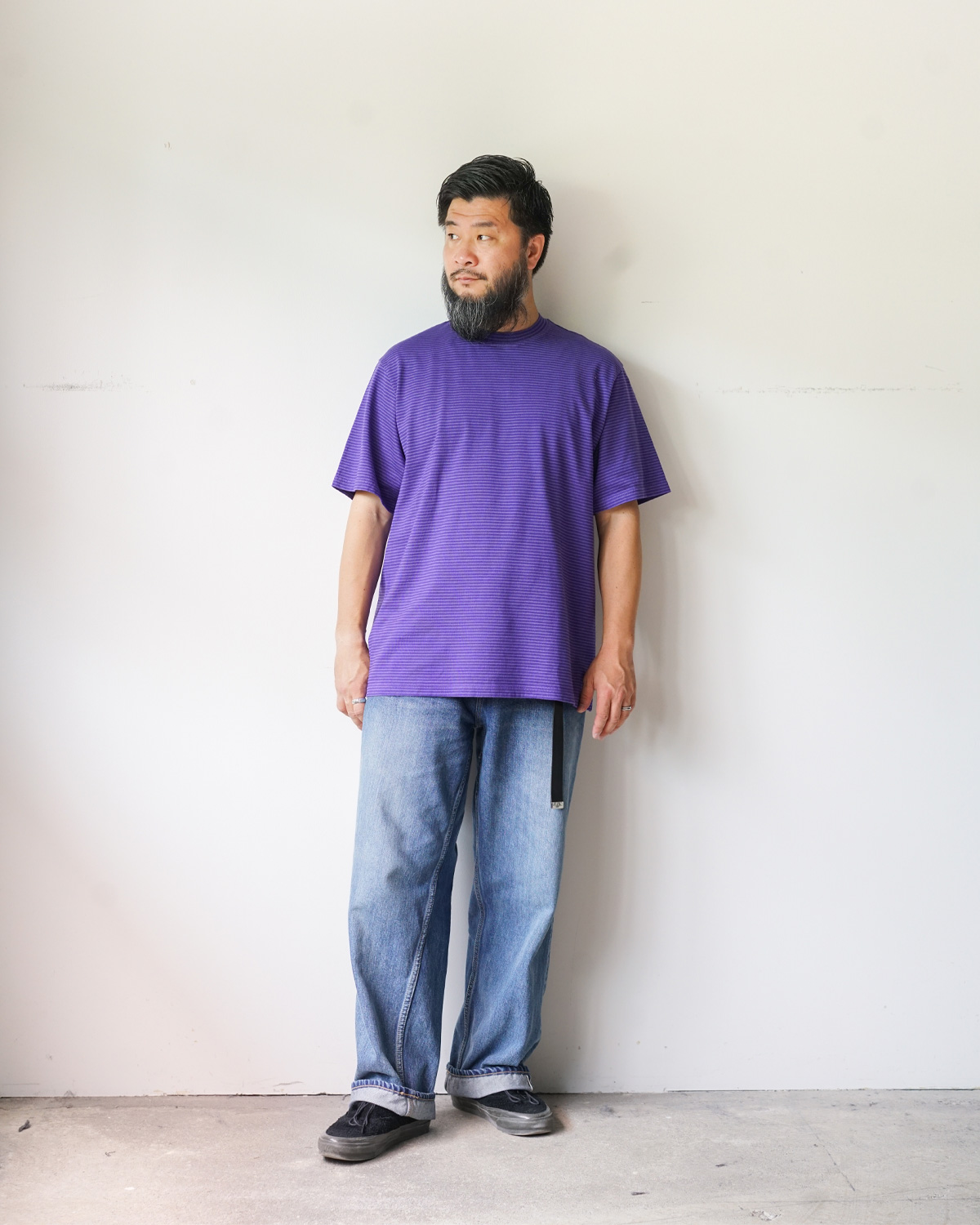 purple(165cm66kgでサイズ3を着用:デニムとのスタイリング)