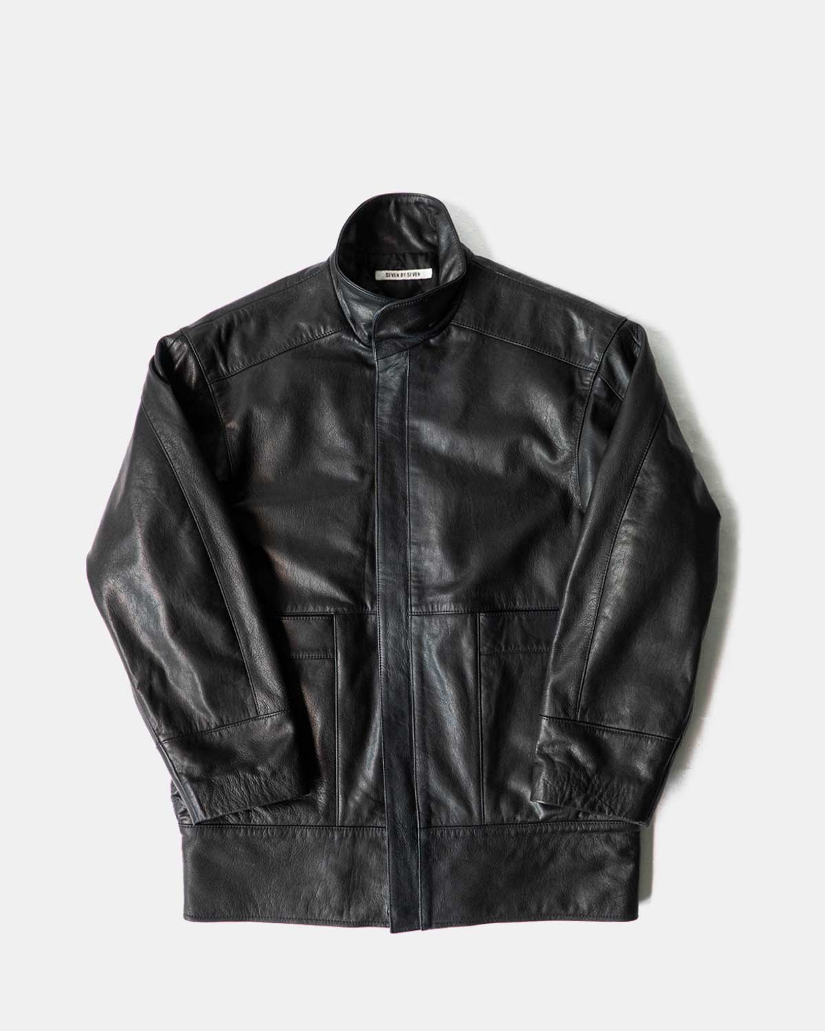 STAND-UP COLLAR LEATHER CAR COAT ‐Goat leather‐