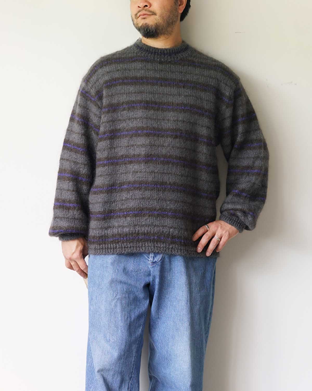 MOHAIR WOOL BORDER KNIT PULLOVER - D.GRAY