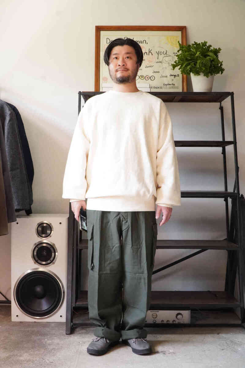 SOFT GOODS brushedback crewneck sweat with m47 trousers