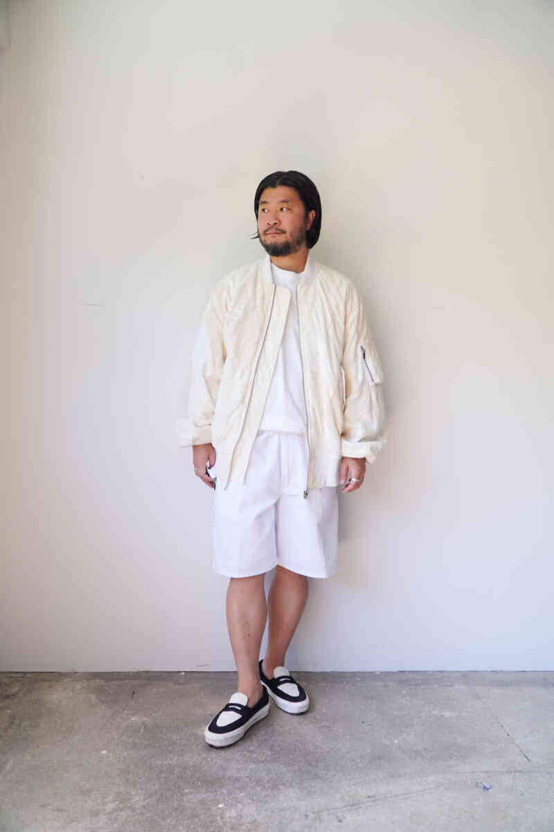 PATCHWORK MA-1 blouson - leftover indian khadi - styling image with shorts