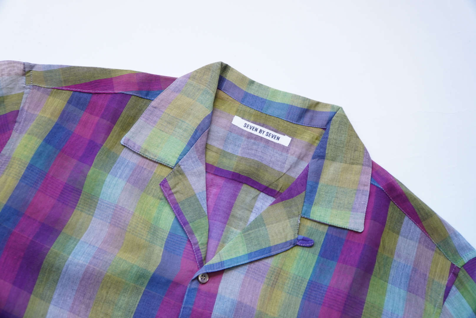 -sheer madras check- open collar shirts  [seven by seven] L