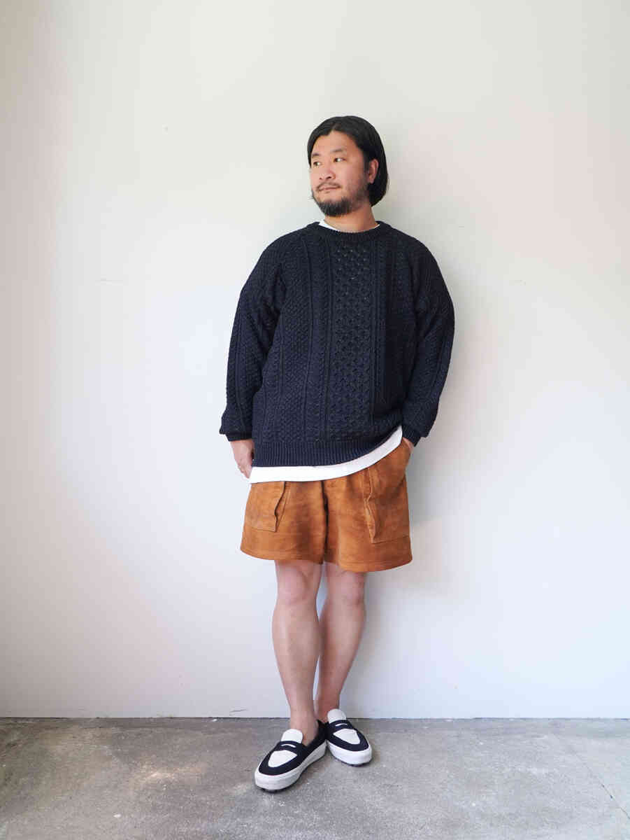 suede leather short pants -W POCKET-[SEVEN BY SEVEN] styling with cotton cable sweater