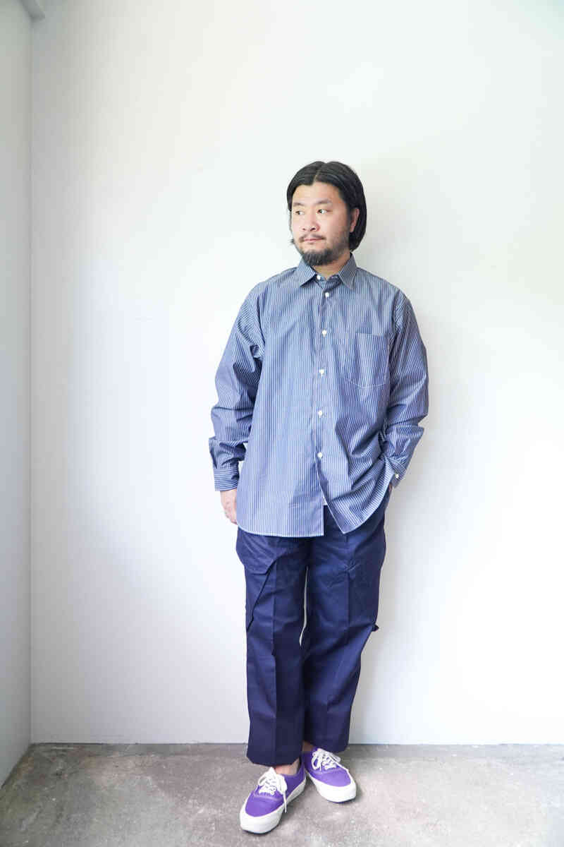 ”WIDE REGULAR SHIRTS(ACS-F004)” navy stripe [alvana] wearing image