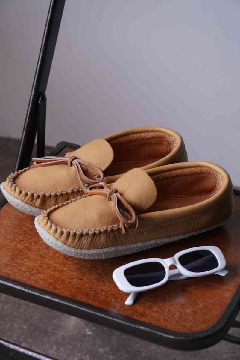 "hand sawn moccasin" [ BASTIEN industries ]camel image with glasses 