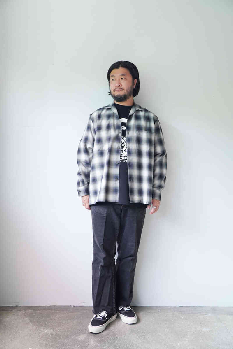 "yak / cotton" Ombre Plaid Open Collar Shirts [SEVEN BY SEVEN] styling with black jeans