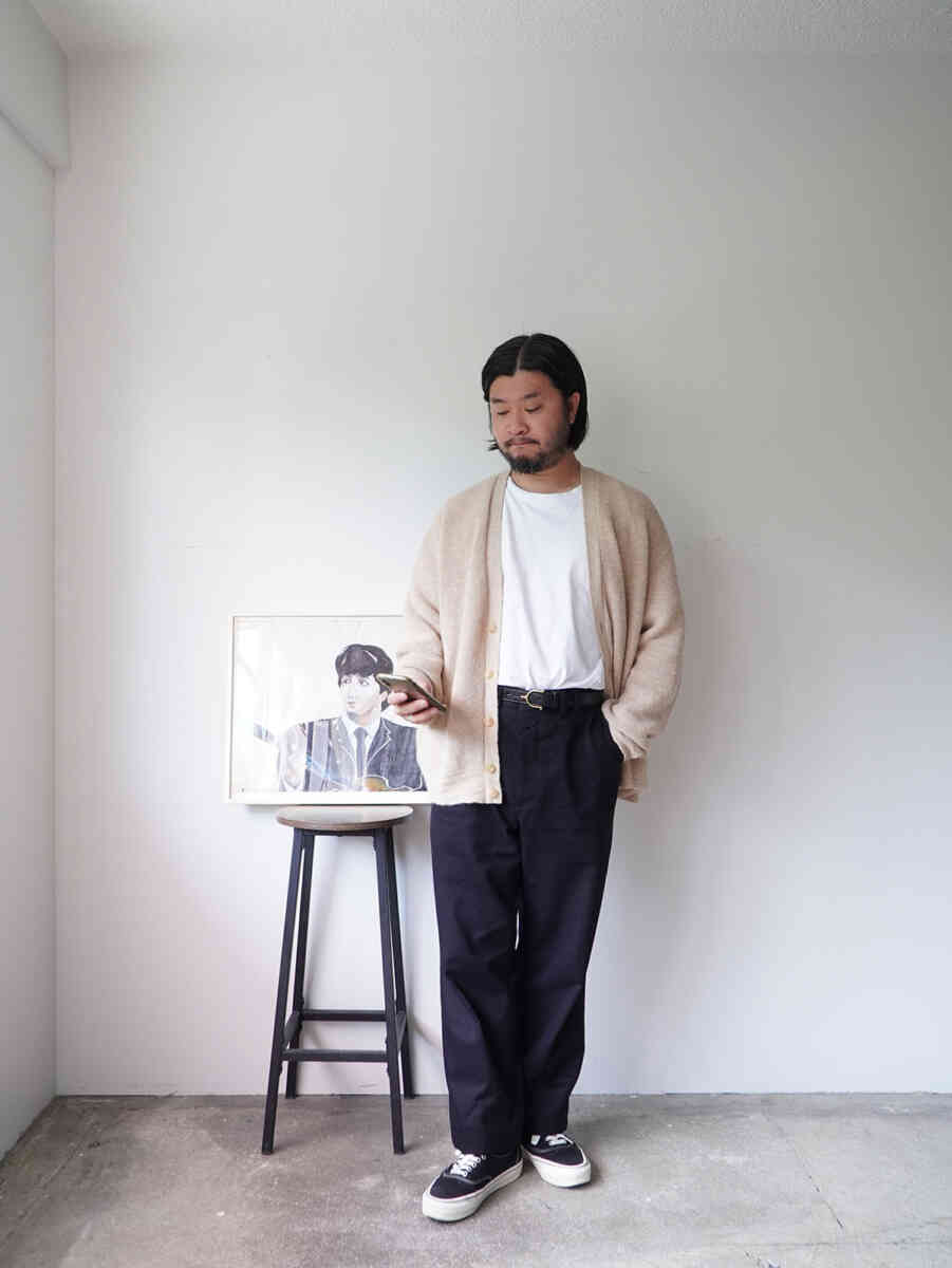 Super Twill Gusseted Work Pant [Randy's Garments NEW YORK] styling image with cardigan