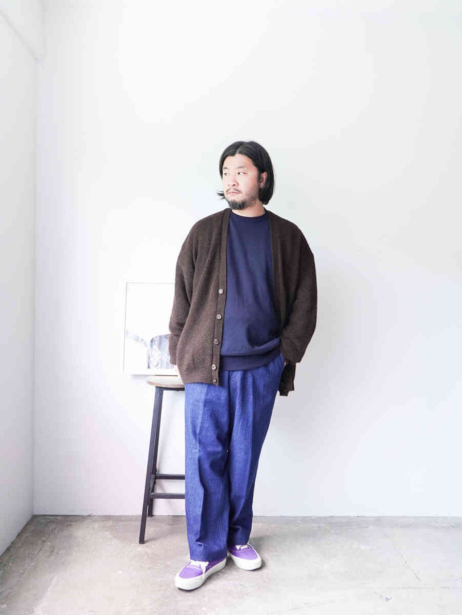 Scoured 12oz Denim Gusseted Work Pant [Randy's Garments] styling image with cardigan