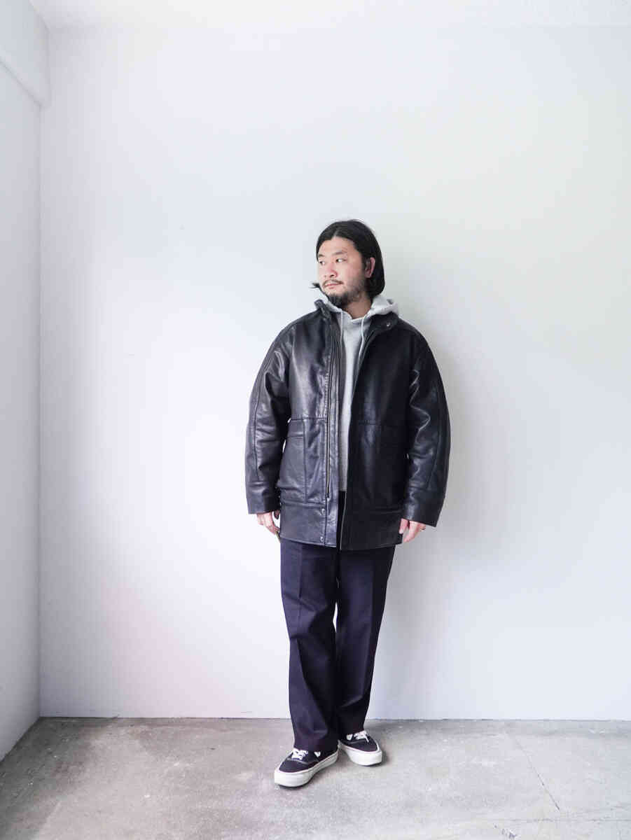 Goat leather "Stand up collar leather car coat" [SEVEN BY SEVEN] styling with kangaroo hoody