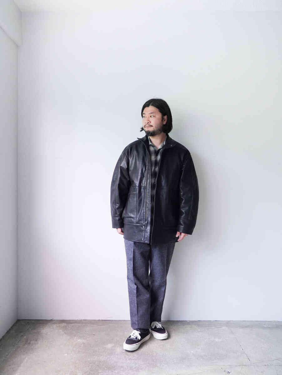 Goat leather "Stand up collar leather car coat" [SEVEN BY SEVEN] styling with wool melton pants