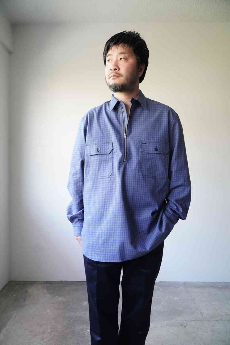 Half zip pullover shirts -Gingham check-[SEVEN BY SEVEN] wearing image blue