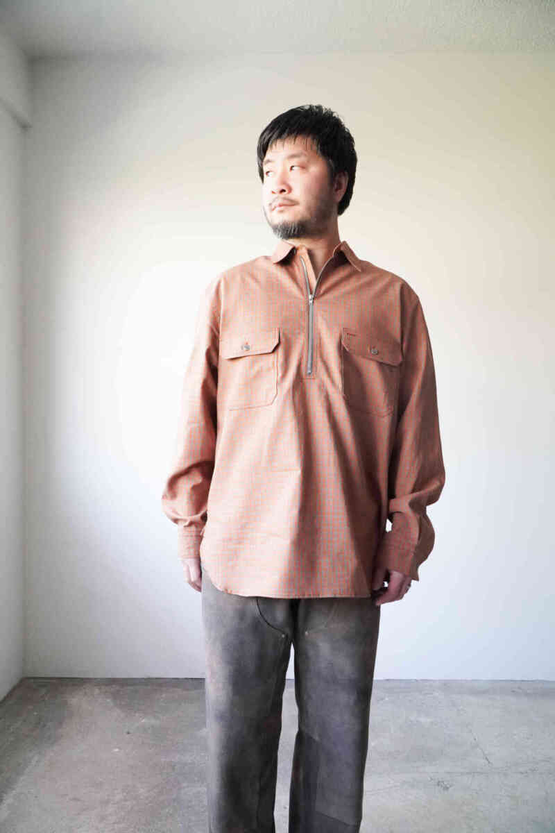 Half zip pullover shirts -Gingham check-[SEVEN BY SEVEN] wearing image orange