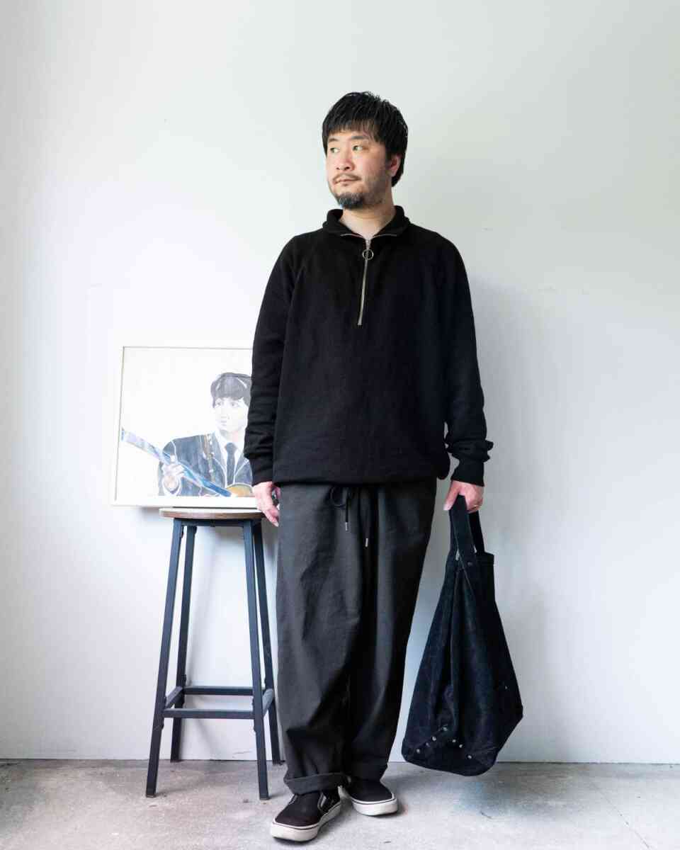 Uneven Elegance — Double Cloth Pants [alvana] styling image with half zip sweat