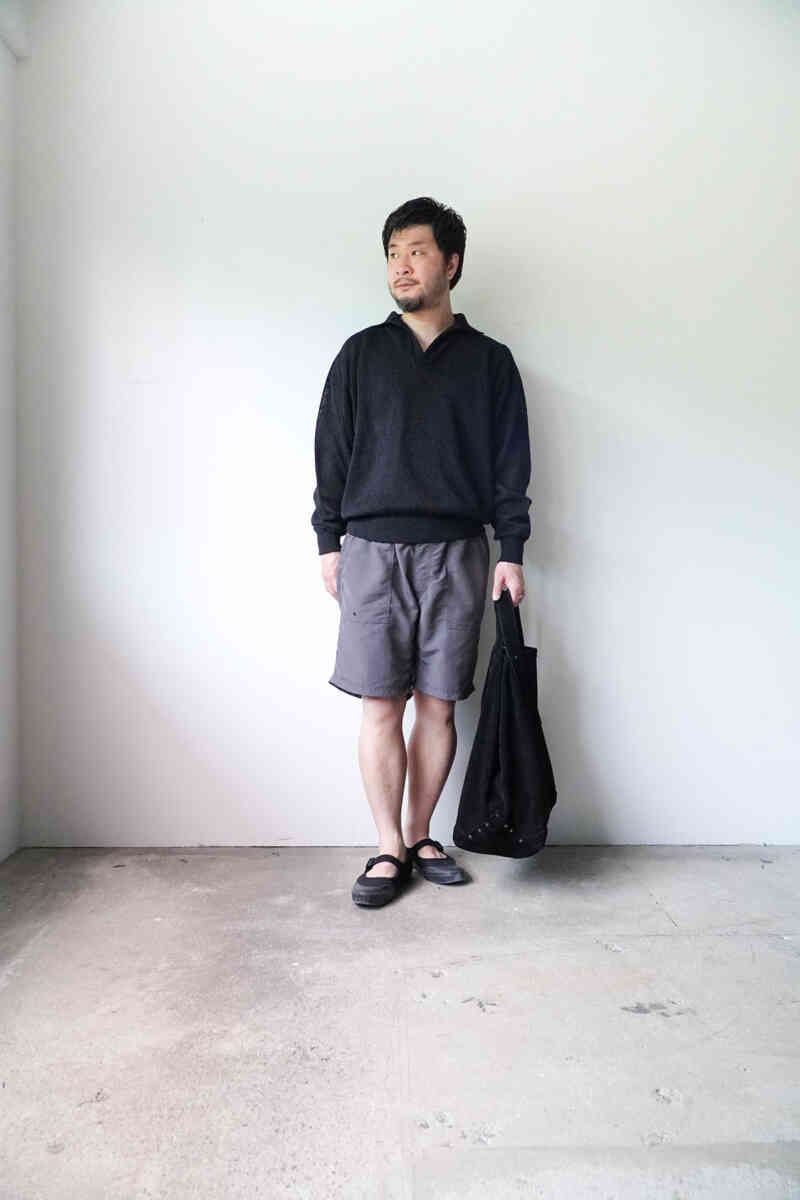 tougher "nylon" camp shorts : styling image with skipper knit