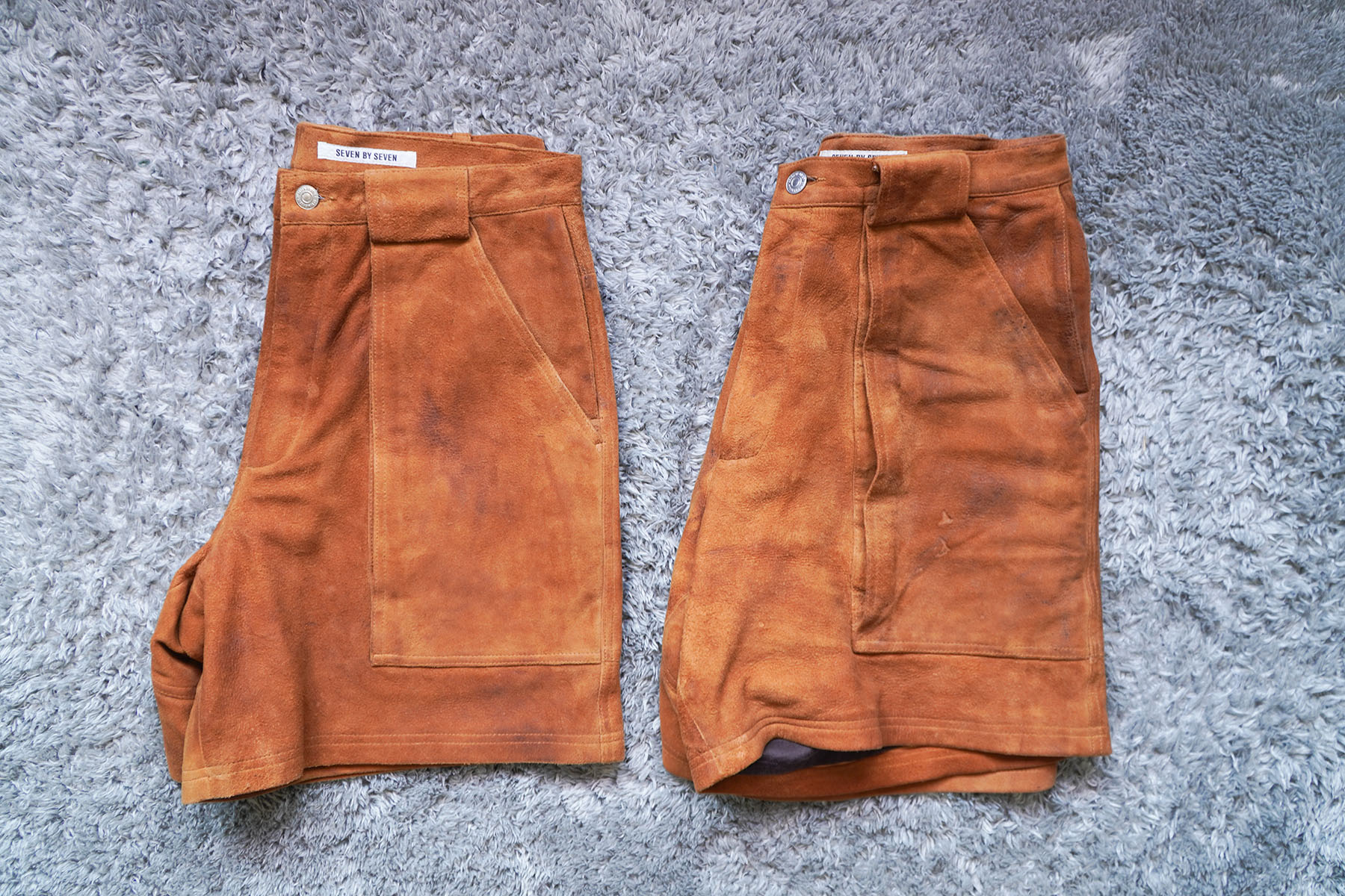 enjoy aging process of suede leather shorts [ SEVEN BY SEVEN ]比較画像 横