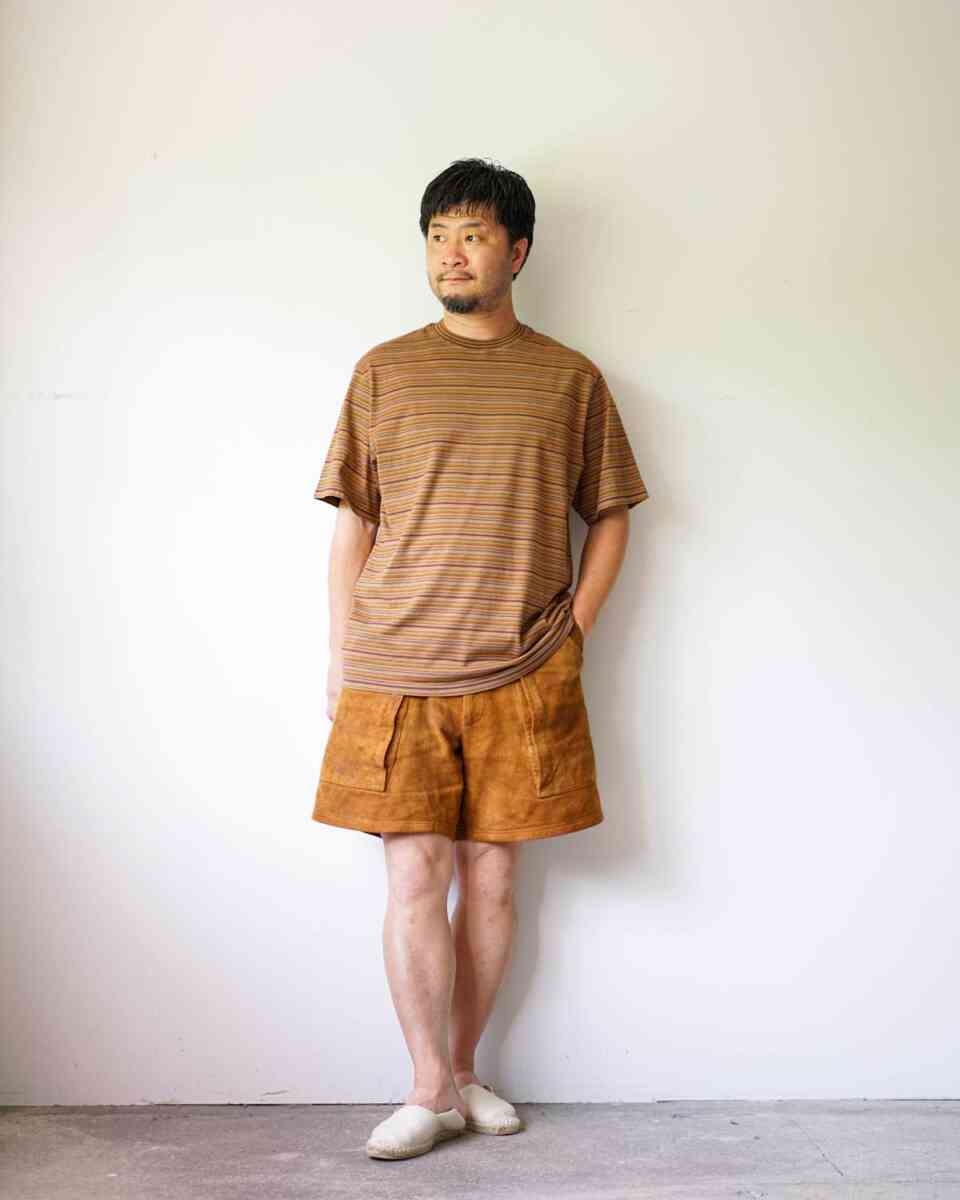 GARMENT DYED RANDOM BORDER T-shirts ライトブラウンの着用イメージ