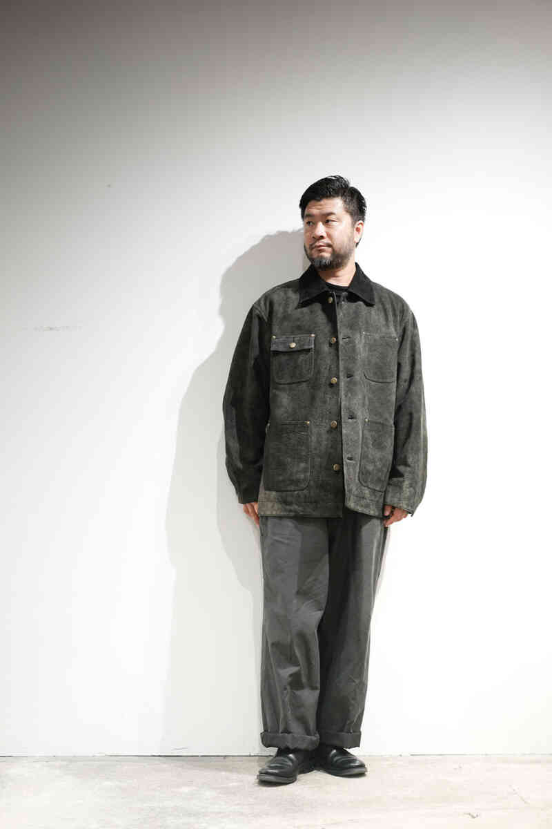 MICHIGAN CHORE COAT ‐Goat suede leather Antique finish‐着用イメージ