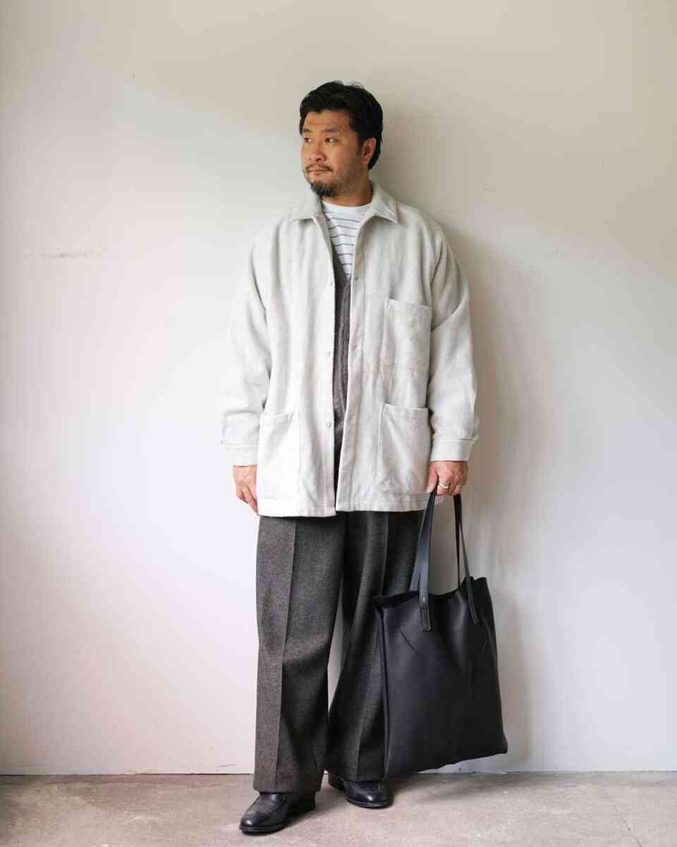lambs wool sports jacket "shirts type H " [SOWBOW]スラックスを合わせた綺麗めなスタイリングイメージ