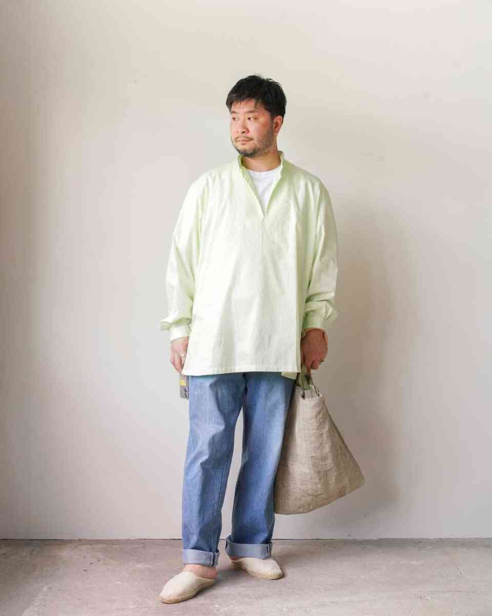 MANDALIN COLLAR Pull over exclusive for tranescent ライムカラーフェードデニムとの組み合わせ