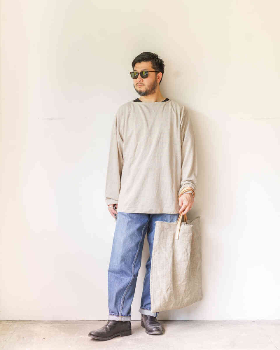 Medium Blue - Wide Tapered 5 Pocket Pants[リネンニットコーデイメージ]